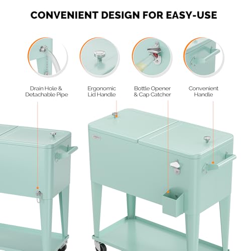 Image of VINGLI Rolling Ice Chest, Portable Patio Party Bar Drink Cooler Cart, with Shelf, Beverage Pool with Bottle Opener