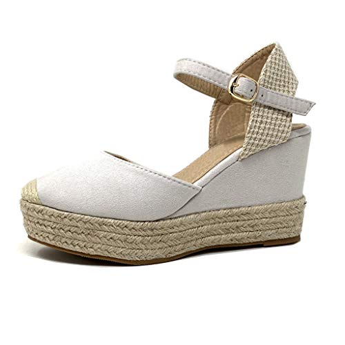 Angkorly - Chaussure Mode Sandale Espadrille Grosse Semelle Ouverture arrière lanière Cheville Femme Simple Basique avec de la Paille tressé Talon Plateforme 9.5 CM - Gris - G1566 T 40