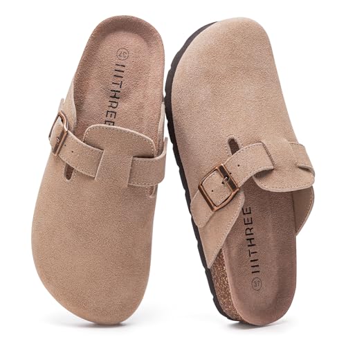 IIITHREE Womens Suede Clogs Cork Footbed Clogs for Women Soft Leather Adjustable Buckle Slip-on Potato Shoes Sandals Apricot