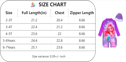 Purfeel Girls Mermaid Rashguard Swimsuit Sets Kids Long Sleeve One Piece Bathing Suit With Hat Upf 50+ Uv,Purple Ariel Sunsuit 5-6Years thumb #2