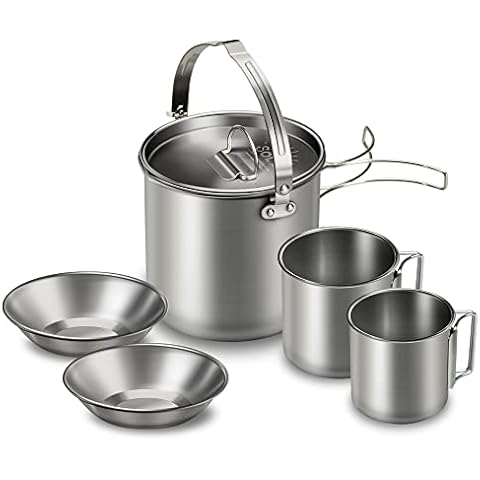Lixada Camping Kochgeschirr Set 5-teiligtes Titan Camping Topf Becher Tasse Outdoor Große Kapazität Faltbare Campinggeschirr Cover