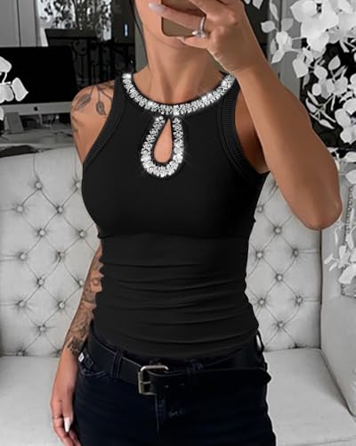 Women Sleeveless Tank Top Rhinestone Contrast Sequin Keyhole Collar Knit Ribbed Slim Basic Top3
