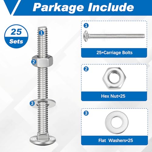 Image of Zonon 25 Sets 3 /8-16 x 3-1 /2 Stainless Steel Carriage Bolts and Nuts Kit Round Head Square Neck Carriage Bolts Screws and Hex Nuts and Flat Washers, Stainless 18-8 Full Thread Coverage (Silver)