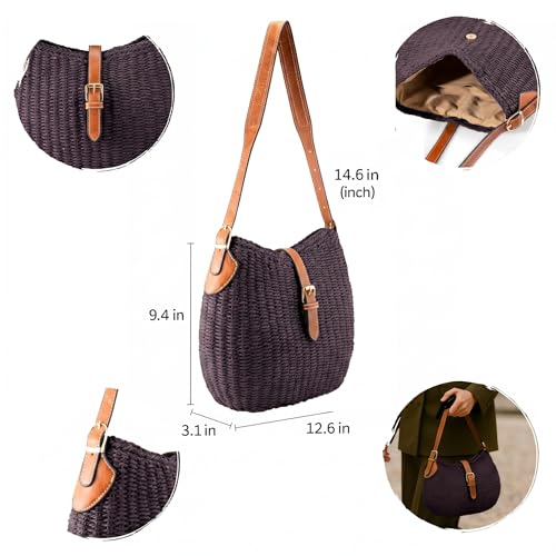 Image of YXILEE Handmade Straw Shoulder Bag for Women,Summer Beach Bag,Adjustable Strap