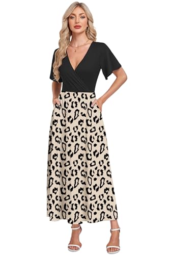 AUSELILY Maxikleider Damen Sommer Kleid Lässig Hohe Taille Lockere Passform Mit Taschen Beige Leopard XS 6