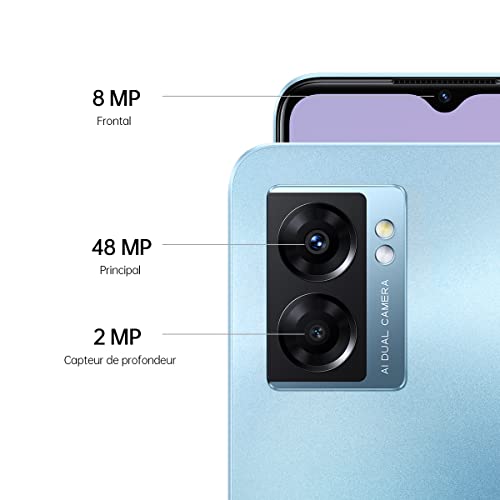 OPPO A77 - Smartphone 5G Débloqué, 4 Go de RAM + 64 Go de Stockage Extensible, Ecran AMOLED 90Hz 6,43”, Caméra 48 MP, Batterie 5000 mAh + Charge Rapide 33W, Haut-Parleurs Stéréo, Bleu [version FR]