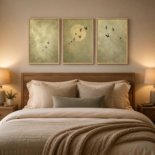Image of Artify Set of 3 Minimal Birds Moon Wall Painting for Living Room Bedroom Hall Office Decor, Premium Wooden Synthetic Frame Nature Artwork Gift