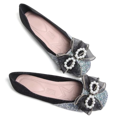 Image of SAILING LU Women's Rhinestone Square Toe Bowknots Ballet Flats Loafers