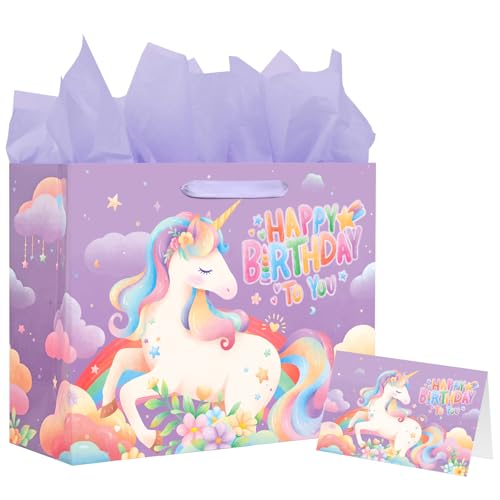 Unicorn Gift Bag for Girls Unicorn Birthday Decoration Set with 13 Large Bag Card and Tissue Paper for Kids Birthday Celebrations(Purple)
