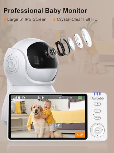 Image of Video Baby Monitor with 2 Cameras, 5 inch LCD Display, No WiFi Hack-Proof Security, Remote Pan-Tilt-Zoom, 31H Battery Life, 1000ft Range, Night Vision, Temperature & Cry Alarms