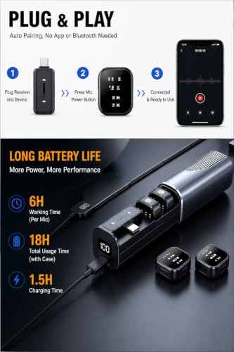 Image of 3-in-1 Wireless Microphone for YouTube, Vlogging & Recording, Dual Wireless Lavalier Mic with AI Noise Cancellation, Type-C Receiver, Charging Case & LED Battery Display for Android Smartphones