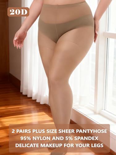 Image of Plus Size Sheer Tights for Women 20D Control Top Pantyhose Soft Stockings with Reinforced Toes 2 Pairs