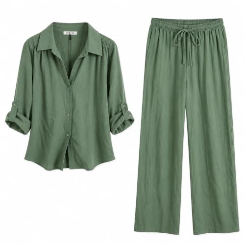 Conjunto de dos piezas para mujer camisa de botones y pantalón ancho verde oliva