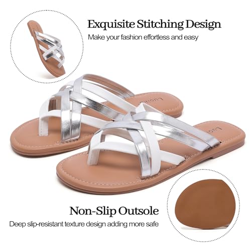 Image of Luoika Women's Wide Width Flat Sandals, Flip Flop Slides Sandal Casual Strapy Sandal Slip on Summer Beach Shoes for Women.