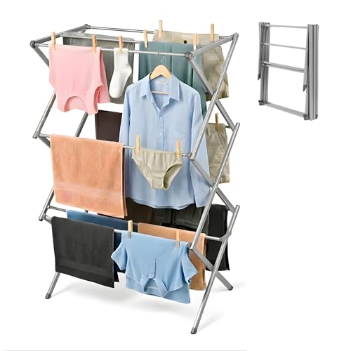 Straame 3-Tier Expandable Clothes Airer Indoor Outdoor – Slimline Drying Rack (Expanded:71×37×103 cm, Folded: 51×43×9 cm), 10 kg Capacity, Rust-Resistant, Non-Slip Feet, Heavy-Duty Design (Grey)