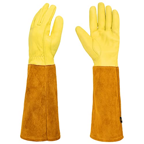 Uenede Small Yellow Durable Thick Cowhide Leather Gardening Welding Gloves With Long Gauntlet Forearm Protection For Women/Men Pruning Thorn Welding Work #TOP8