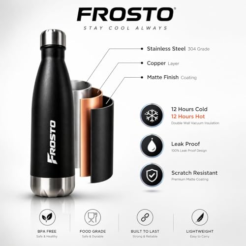 Image of Thermosteel Insulated Water Bottle 500ml | Stainless Steel Vacuum Flask | Hot 12Hr Cold 12Hr | Leak Proof | Thermos for Travel Gym Office Hiking | Matte Black