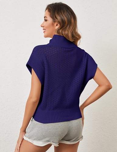 Image of Womens Spring Cap Sleeve Crochet Sweaters Loose Fit Quarter Zip Lightweight Hollow Out Beach Vacations Clothes