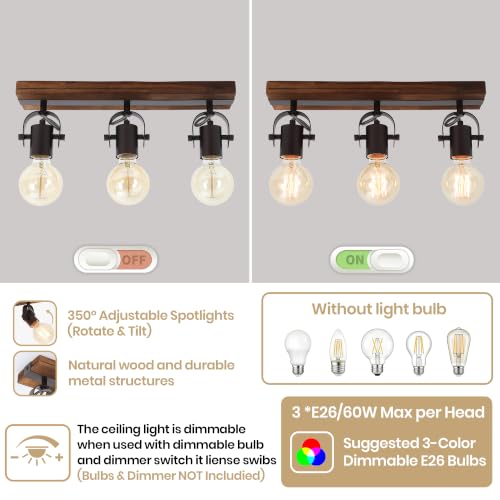 Image of 3-Light Farmhouse Track Lighting Fixture, Light Natural Wood & Matte Black Adjustable Directional Ceiling Spot Light, E26 Base Linear Wood Track Light for Kitchen Hallway Bedroom Laundry Room