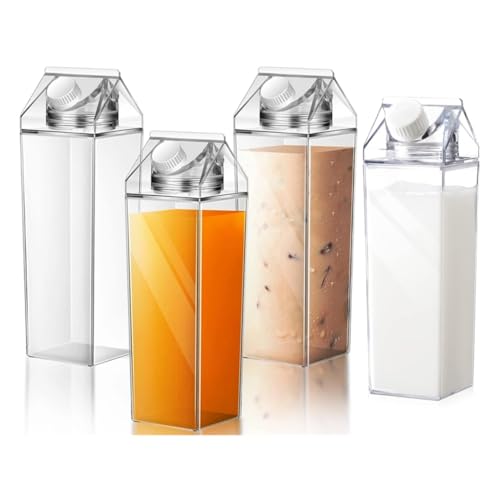4 Pack Milk Carton Water Bottles 17oz/500ml Leak Proof Plastic Water Bottle Reusable BPA Free Sports Water Bottle Carton Shaped Juice Milk Bottle for Gym Camping Hiking Travel Sports, Dishwasher Safe