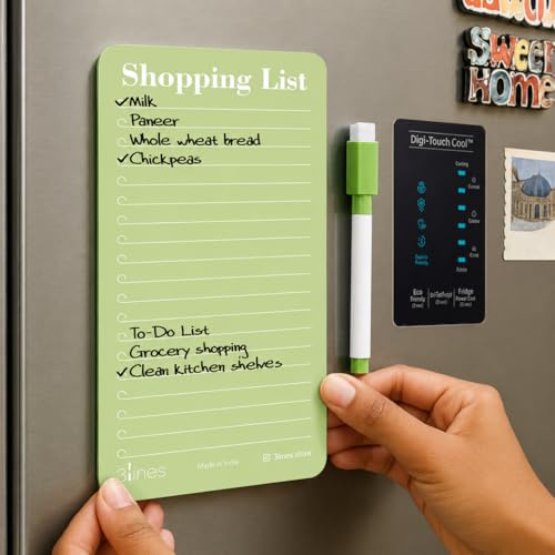 Image of 3 Lines Shopping List Fridge Magnet with Marker|Smart Planning & Shopping for Family, Working Professionals|to Do List| Acrylic Magnetic Notepad for Kitchen Organisation|12x24 cms|Kiwi Color|Large