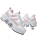 Mädchen und Kinder Rollschuhe Schuhe mit Rollen Verstellbar Quad Kick Roller Skates for Women 2 in 1 Inline-Skates Deformation Sneakers für Anfänger,Rosa-38EU