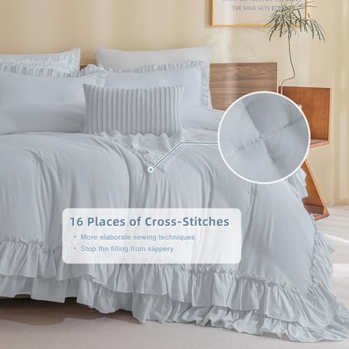 Masaca Ruffled Comforter Set For Queen Bed,3 Pieces Vintage Farmhouse Shabby Bedding Set Lightweight Ultra Soft French Country Bedding thumb #4