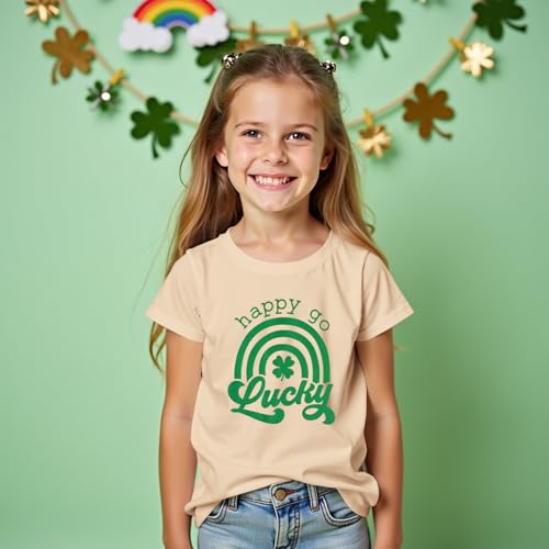 Image of Boys Girls St Patricks Day Shirts Kid Happy Go Lucky Shamrock T-Shirt Short Sleeve Clover Tees Tops Irish Outfit(Beige,9-10Y)