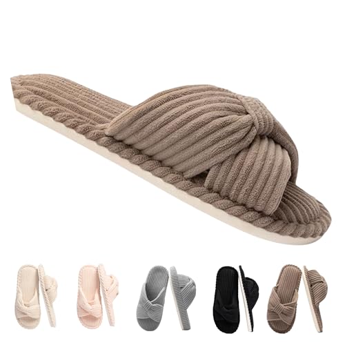 BERANMEY Womens Memory Foam Corduroy Bow Crossband Slide Slippers Soft House & Bedroom Shoes Cozy Trendy Gift (Coffee Adult Women 43 Numeric Range EU Footwear Size System 44 Medium)