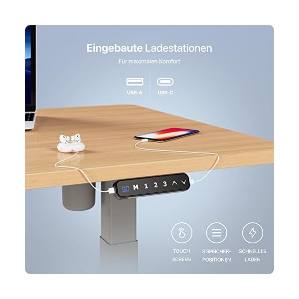 Desktronic Höhenverstellbarer Schreibtisch (120x60 cm) - Sitz- & Stehpult mit Ladebuchsen - Schreibtisch… – Bild 5