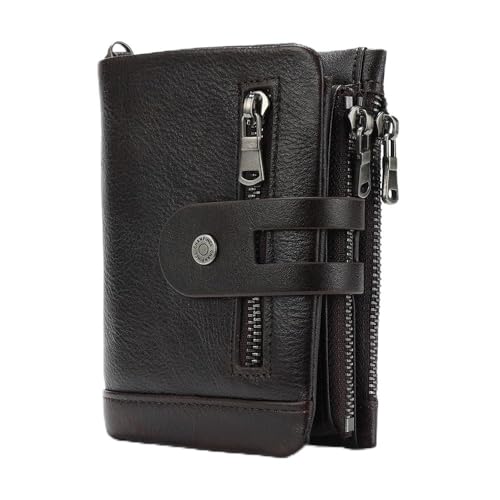 men's buckle, double zipper, leather wallet, detachable card, large capacity, multifunctional coin pocket (Coffee)