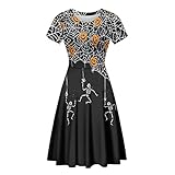 PinUp Angel Black Yellow Halloween Pumpkin Spider Web Skull Print Women's Cute Short Sleeve Unique Casual Flared A Line Short Dress for Christmas Halloween Costume Party