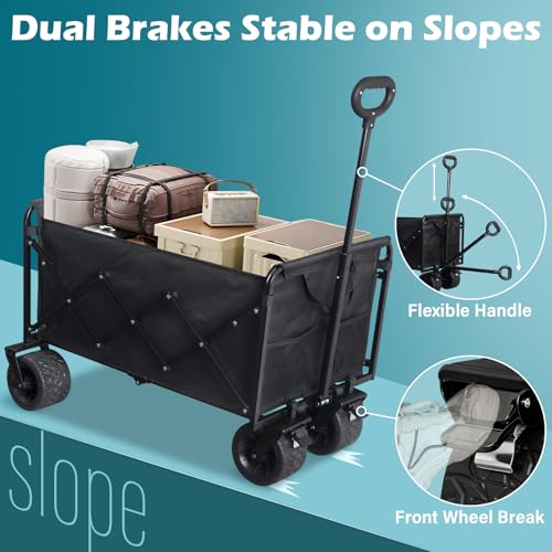 Image of Beach Wagon with Big Wheels for Sand: 600LBS All Terrain Collapsible Beach Cart Foldable - Portable Heavy Duty Folding Utility Wagon Cart for Groceries Shopping Outdoor Camping Sports