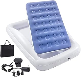 Inflatable Kids Travel Bed Toddler Air Mattress Set - Portable Blow Up Mattress Sleeping Bed Cot with Security Bed Rails and Electric Pump Ideal for Road Trip Camping Sleepovers etc. (Upgraded)