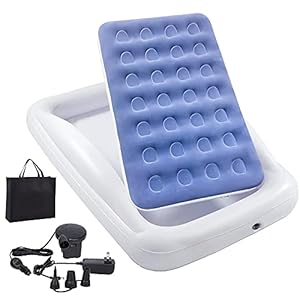 Inflatable Kids Travel Bed Toddler Air Mattress Set – Portable Blow Up Mattress Sleeping Bed Cot with Security Bed Rails and Electric Pump Ideal for Road Trip Camping Sleepovers etc. (Upgraded)
