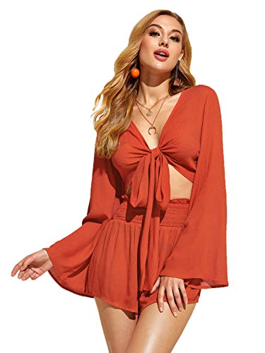 MakeMeChic Women s Sleeveless Floral Print Cut Out Back Belt Front High Waist Romper Orange L