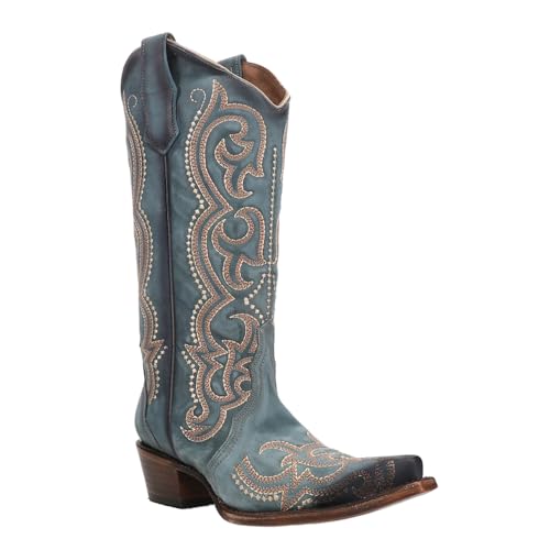 Corral Boots Womens Blue Jean Embroidered Snip Toe Casual Boots Mid Calf Mid Heel 2-3" - Blue2