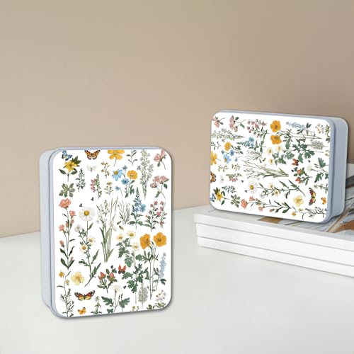 Image of Metal Tin Box with Lid for Game Cards Home Organizer Candles Keys Crafts Storage - Equipped with 4 Magnetic Cord Clips，Flowers and Butterflies