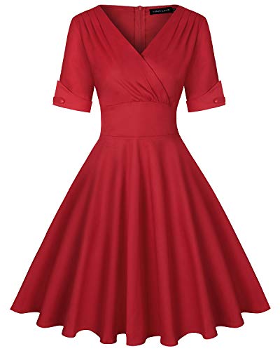 MINTLIMIT Womens 1950s Vintage Half Sleeve Plain Rockabilly Cocktail Swing Dresses(Solid Red,Size L)
