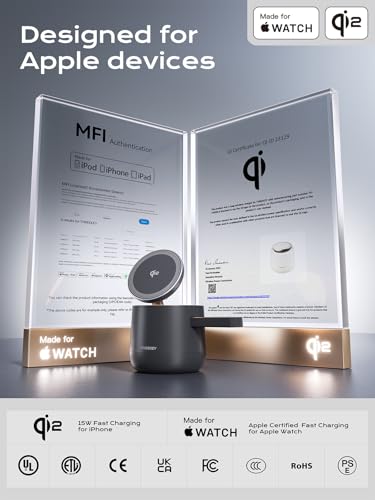 Image of THREEKEY 4 in 1 Qi2 Magnetic Wireless Charging Station, 15W Fast Charger with Made for Apple Watch Charging Module, for iPhone 17-12 Series & AirPods, 65W Adapter Included