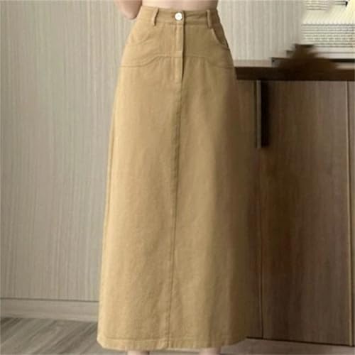 Women's A-Line Denim Midi Skirts - Washed Solid Color, High Waist, Back Split, Wrapped for Summer Wear4