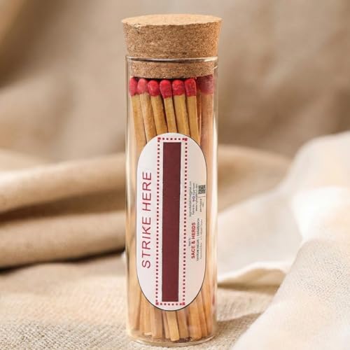Image of Sage & Herbs Long 35 Matchsticks in a Borosilicated Cork Jar | For Fireplace, Kitchen, Home Temple | Long Burn Time Matcsticks (Red, Extra Long)