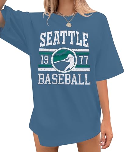 Baseball Shirt Women Oversized Game Day Fan T-Shirt Baseball Season Short Sleeve Tops Blue