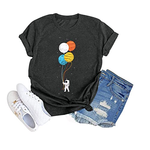 Graphic Shirt Women Cute Astronaut Moon Space Graphic Short Sleeve Tee Top