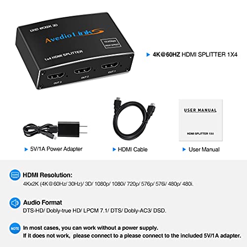 Avedio Links 1961 4K@60Hz Hdmi Splitter 1 In 4 Out, Avedio Links 1X4 Hdmi Splitter Video Distributor Duplicate/ Mirror Screen thumb #5