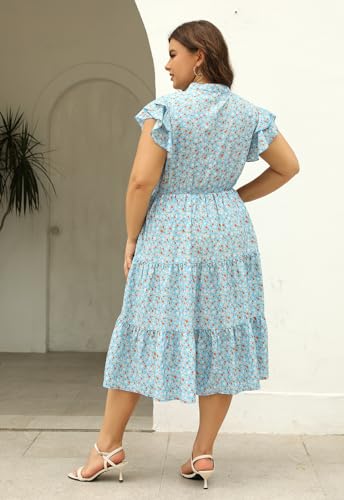 Image of Keluummi Plus Size Midi Dress for Curvy Women Wedding Guest Summer Floral Empire Waist Short Sleeve with Pockets (20 Plus, 10 - Light Blue Floral)