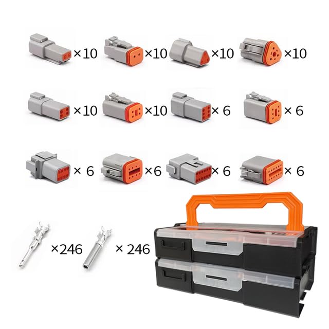 250Pcs Series Connector Kit Tool Box Waterproof Wire DT06-2/3/4/6/8/12S&DT04-2/3/4/6/8P Automotive Sealed(Portable Box Suit,1 Box)