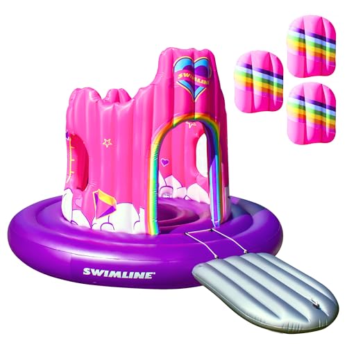 SWIMLINE Giant Inflatable Unicorn Castle Pool Float For Kids And Adults Size| Floating Kingdom Raft Lounger Combo With Gate Shield Windows & Accessories For Pools Lakes Beach | Fits Up To 4 People