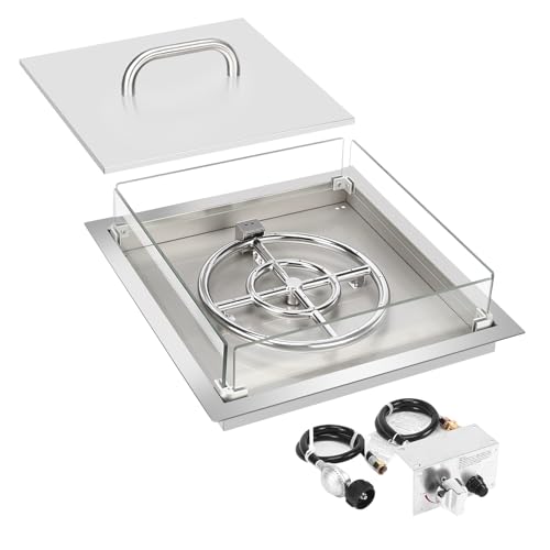 GRISUN 18 x 18 Drop-in Fire Pit Insert Square Gas Fire Pit Burner Pan with Glass Wind Guard & Stainless Steel Lid Fire Pit Burner Kit with Spark Ignition