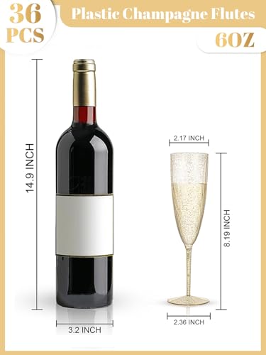 WDF 36-Pack Plastic Champagne Flutes - Gold Glitter Champagne Glasses Disposable - Perfect for Thanksgiving, Weddings, Birthday, Bridal Showers